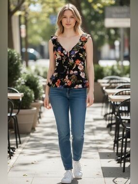 Patrons of Peace Blouse Womens Black Floral Ruffles-Size Large